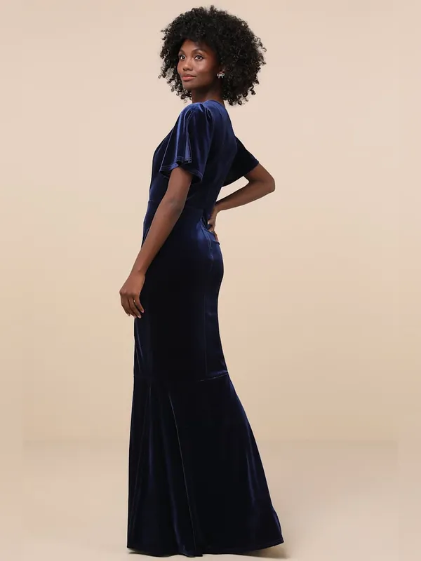 Lulus Elegant Evenings Navy Velvet Flutter Sleeve Trumpet Maxi Dress Navy 1X NWT - Image 2