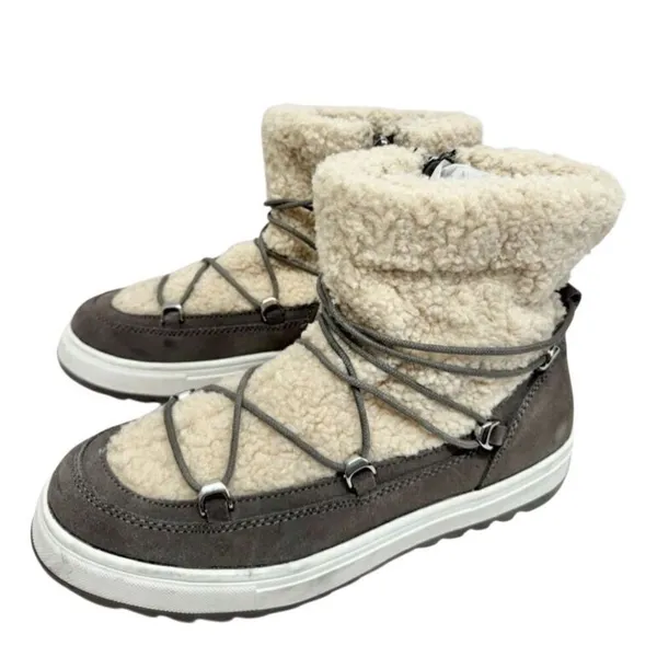 Blondo Boots Size 9.5 Waterproof Gray Cream‎ Suede Shearling Upper Lace Up - Image 5