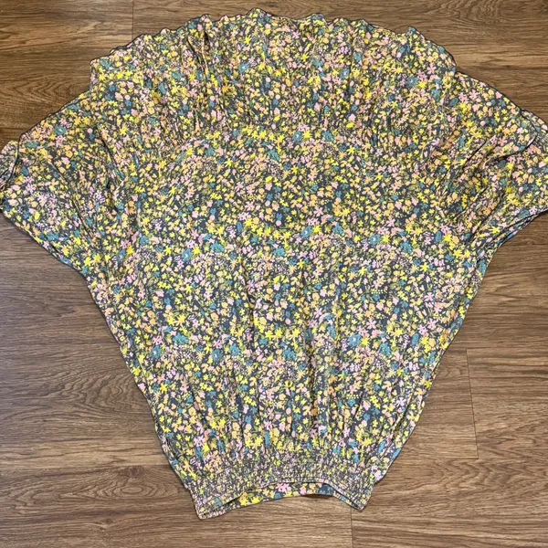 Free People Floral MIDI Skirt Smock Waist Yellow Gray Green Blue Small - Image 7