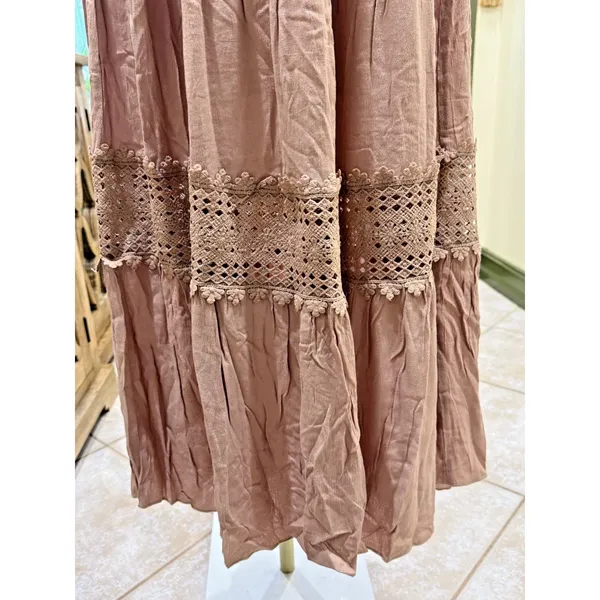 Mauve Pink Strapless Maxi Dress – Smocked Bodice & Crochet Lace Trim | Size S - Image 5