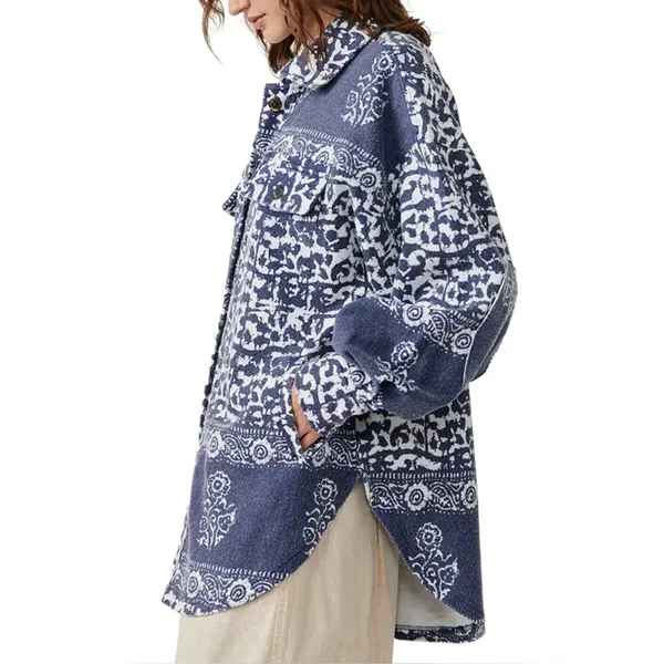 Free People Blue and White Ruby Jacket Shacket Boho Button Down Cotton‎ - Image 3