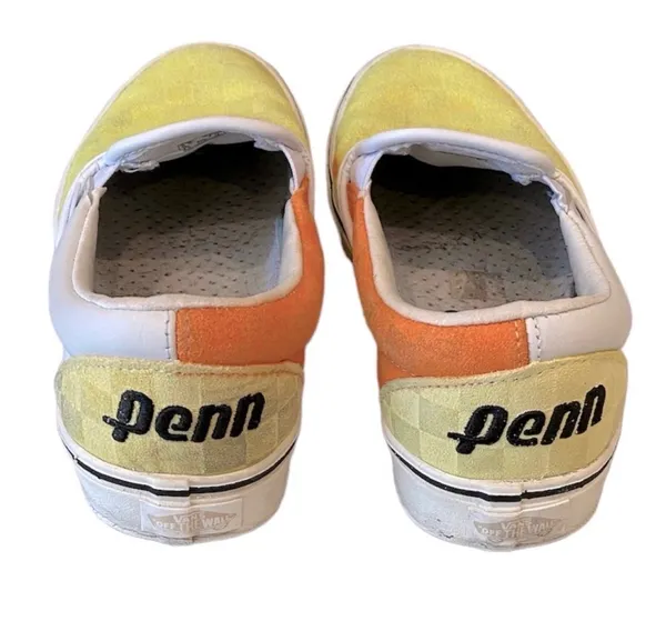 RARE Vans Penn Tennis Sneakers Neon Yellow Orange Checkerboard Slip On Shoes 7 - Image 3