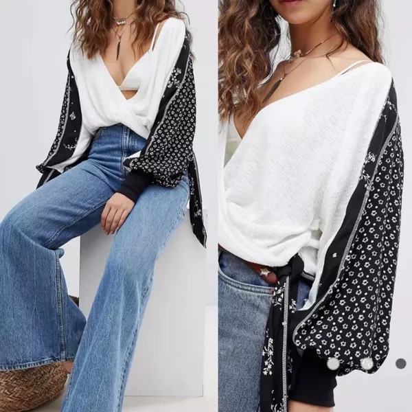 Free People Auxton Thermal Surplice Crossover Front Balloon Sleeves White size L - Image 5