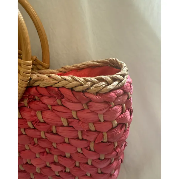 Free People Sophia Straw Tote Red Woven Bamboo Ring Handles Boho Purse Bag EUC - Image 7