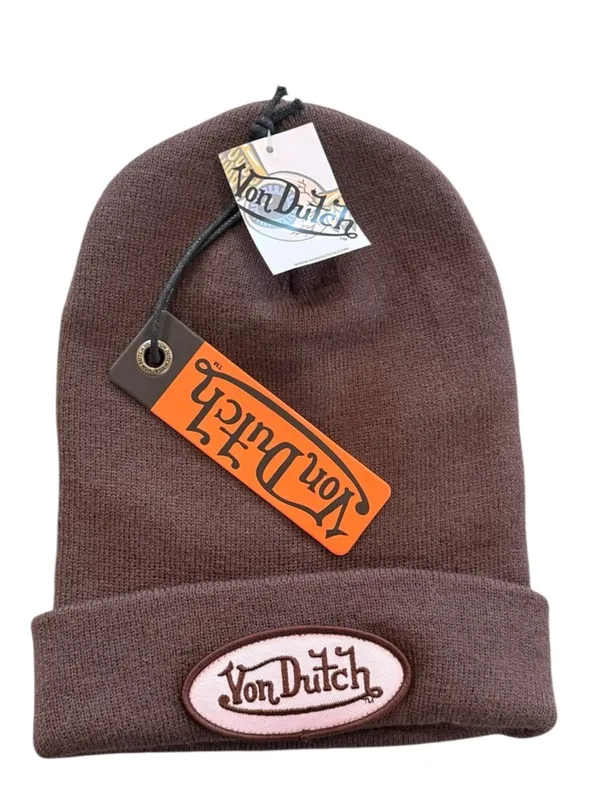 VON DUTCH Patcher Beanie Embroidered Pink Patch Velvet Brown One Size NEW - Image 2