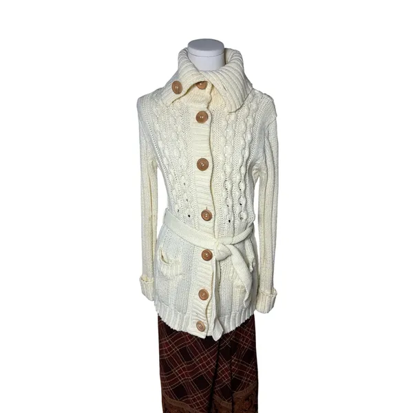 Vintage Belted Cable Knit Portrait Collar Cardigan Cream Korea M Medium - Image 4