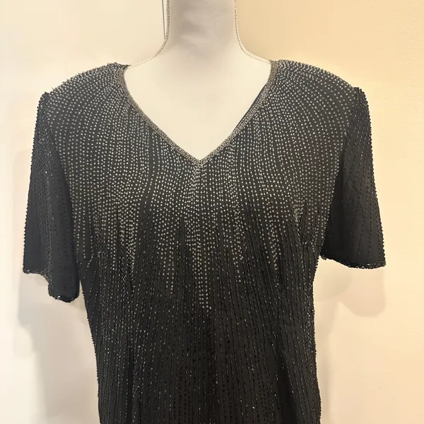 Vintage 80s Stenay Woman‎ Black Silk Beaded Sequin Cocktail Shift Dress Art Deco - Image 3