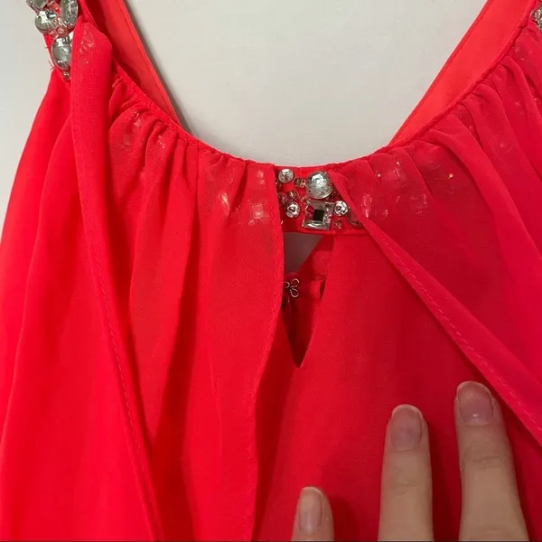 Hailey Logan Neon Orange Prom Dress Womens 4 Short Draped Barbie Mini Rhinestone - Image 6