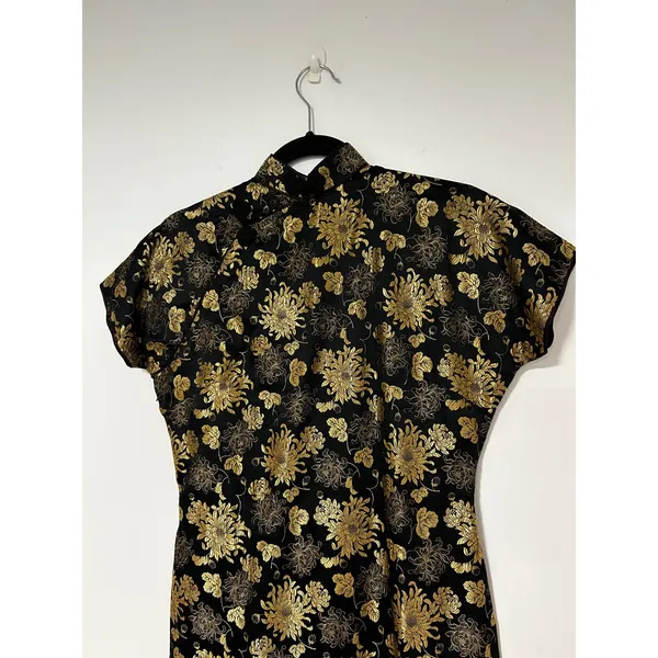 Y2K VINTAGE Black Gold Floral Brocade ASIAN Cheongsam Qipao Dress Mandarin - Image 2