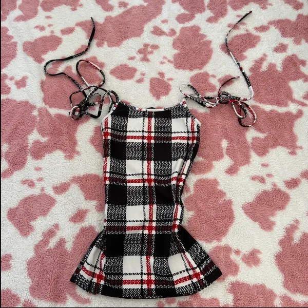 Y2K Plaid Tie Shoulder Top XS Coquette Soft Girl Grunge Aesthetic - Image 4