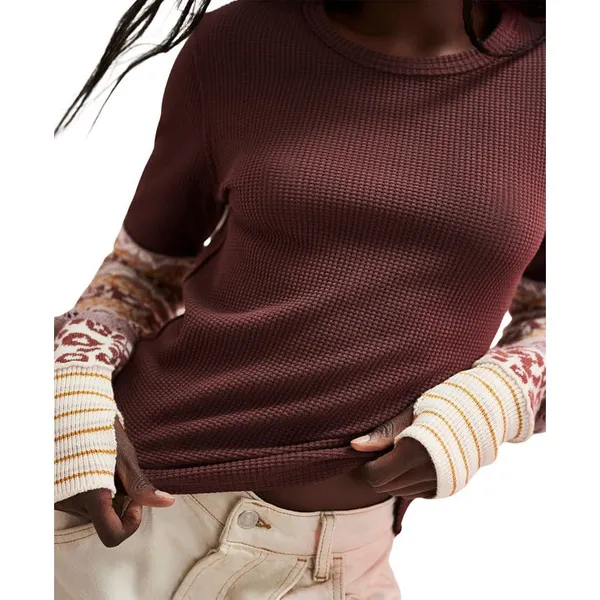 Free People We The Free Chocolate Combo All In Cuff Waffle Stitch Knit Top XS - Image 3