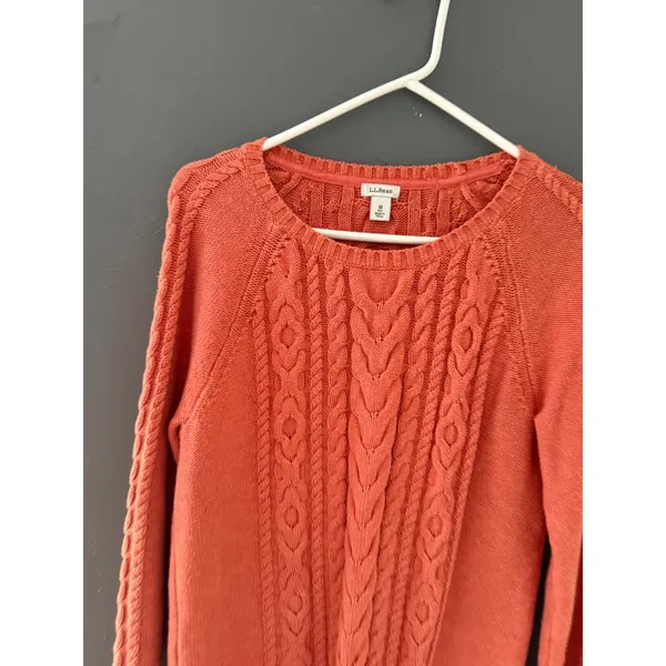 LL Bean Womens Medium Coral Orange Cable Knit 100% Cotton Sweater Fisherman - Image 2