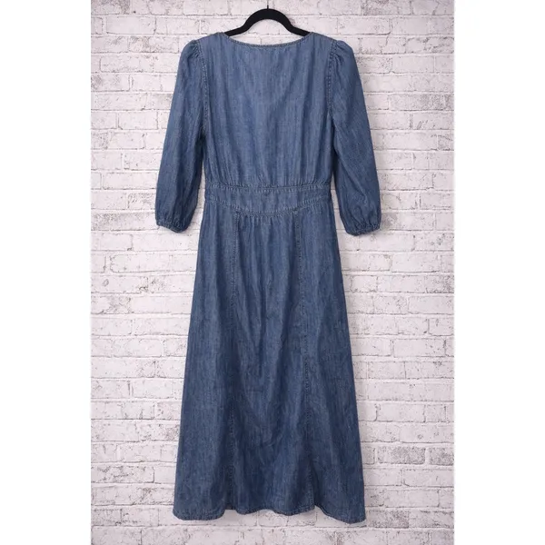 Madewell Denim Button Front Midi Dress Blue V-Neck Puff Sleeve Size 0 G7873 - Image 4