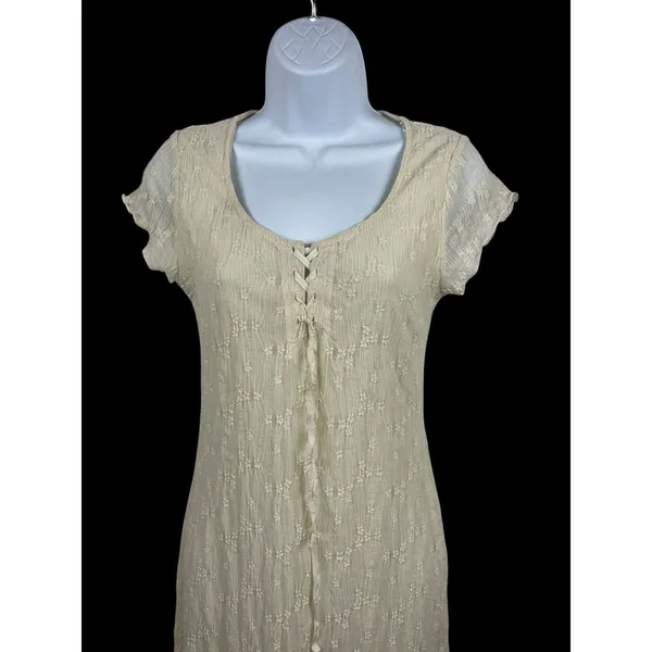KIRIOUS Lace Up Midi Dress Cream Boho Sheer Lace Textured Slit Festival Beach S - Image 4