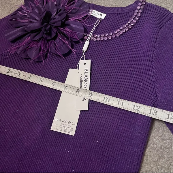 Women’s Purple Floral Rhinestone Ribbed Long Sleeve Crop Top - Image 10