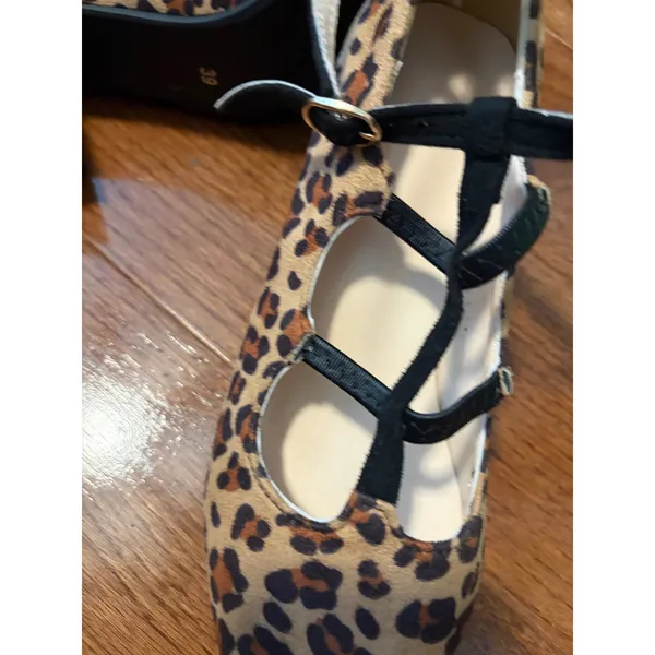 Leopard Print Pumps Mary Jane T-Strap Brown Block‎ Heel Pointed Toe Size 39 8.5 - Image 9
