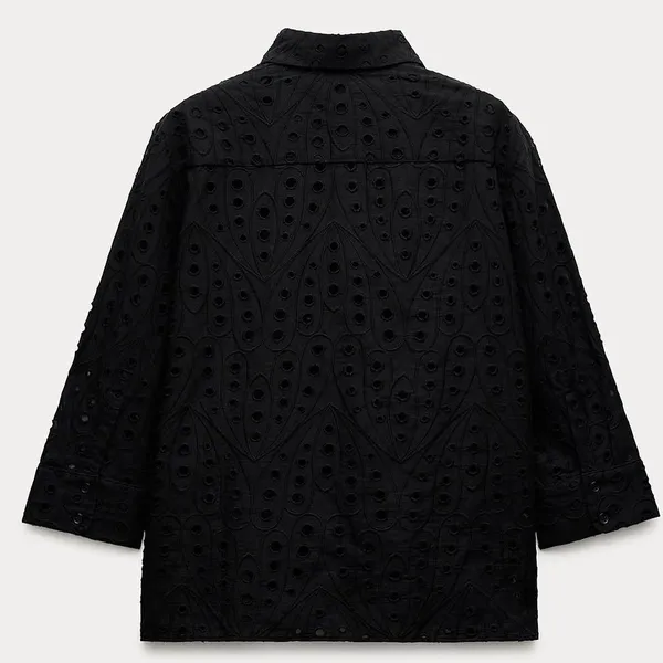 ZARA Eyelet Shirt XS Black Boho Coastal Button Up Embroidered Top - Image 5