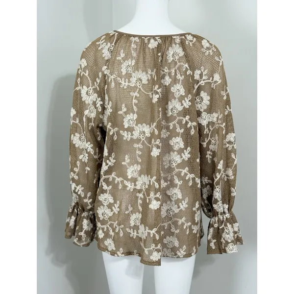 Y2k Sheer Mesh Floral Blouse Long Sleeve Embroidered Women XL Floral Cottagecore - Image 3