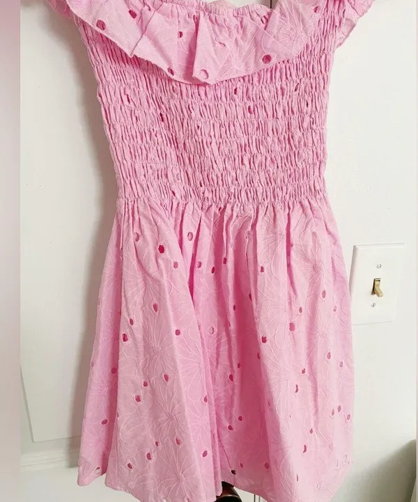 Dolls Kill Cottagecore Princess Pink Off Shoulder Eyelet Lace Pink Mini Dress - Image 2