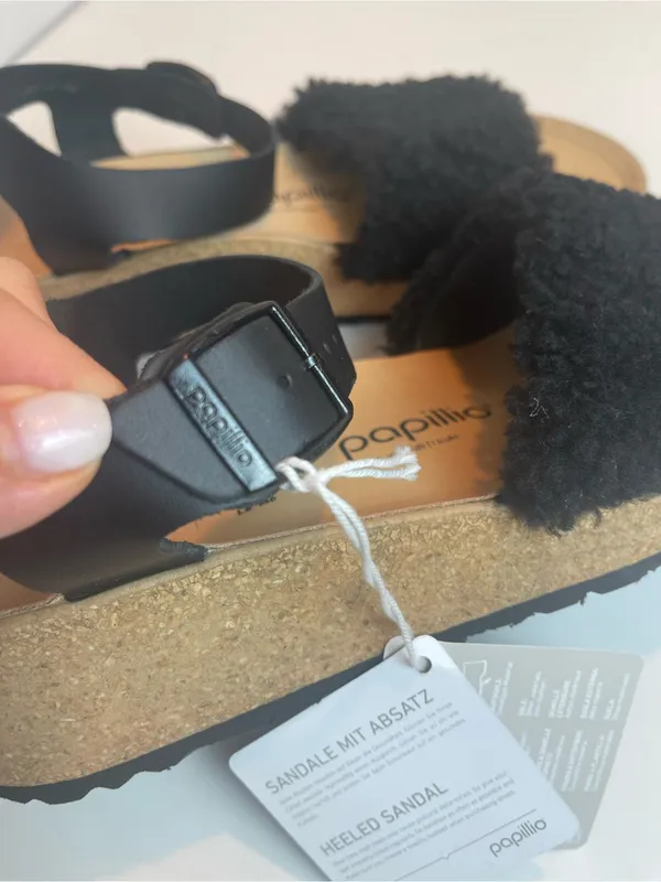 NWT Papillio by Birkenstock Black Shearling Platform Wedge Sandals Size 39 / 8 - Image 13
