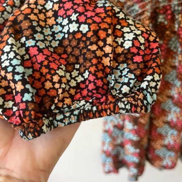 Rock & Roll Cowgirl Sz L Ditsy Floral Print Flowy Mini Dress Rust Copper Smocked Waist‎ - Image 7