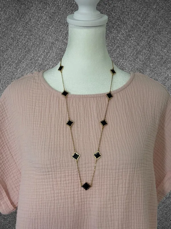 Gold-Tone Black Clover Station Long Chain Necklace With Adjustable Clasp - Image 2
