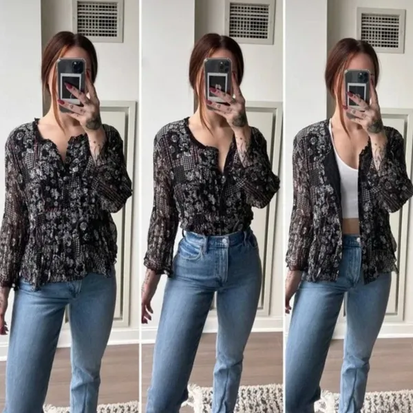 COLDWATER CREEK Black White Patchwork Floral Crinkle Button 3/4 Sleeve Blouse S - Image 2