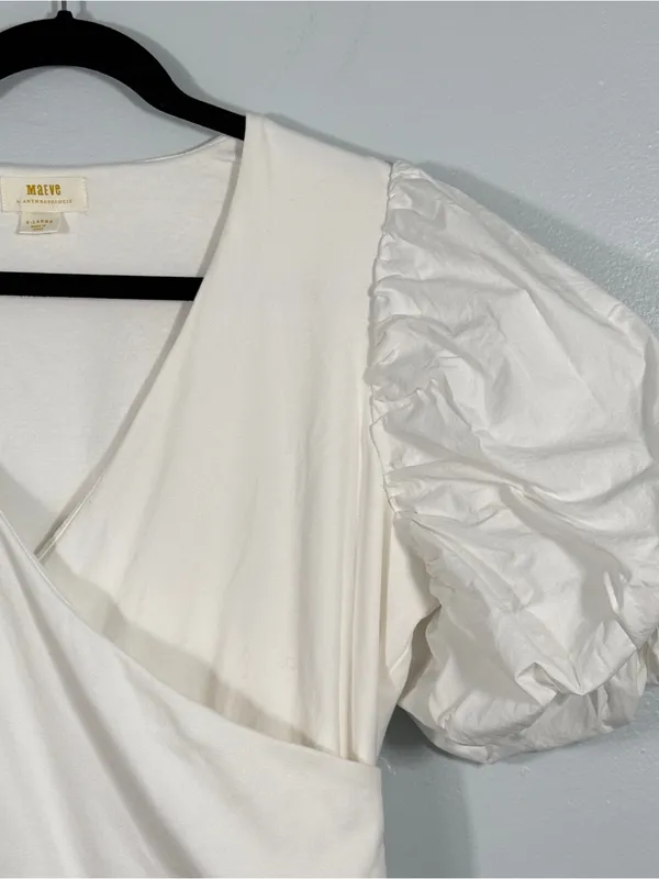 Maeve Anthropologie Puff Sleeve Faux Wrap Surplus Cotton Knit Top White XL - Image 4