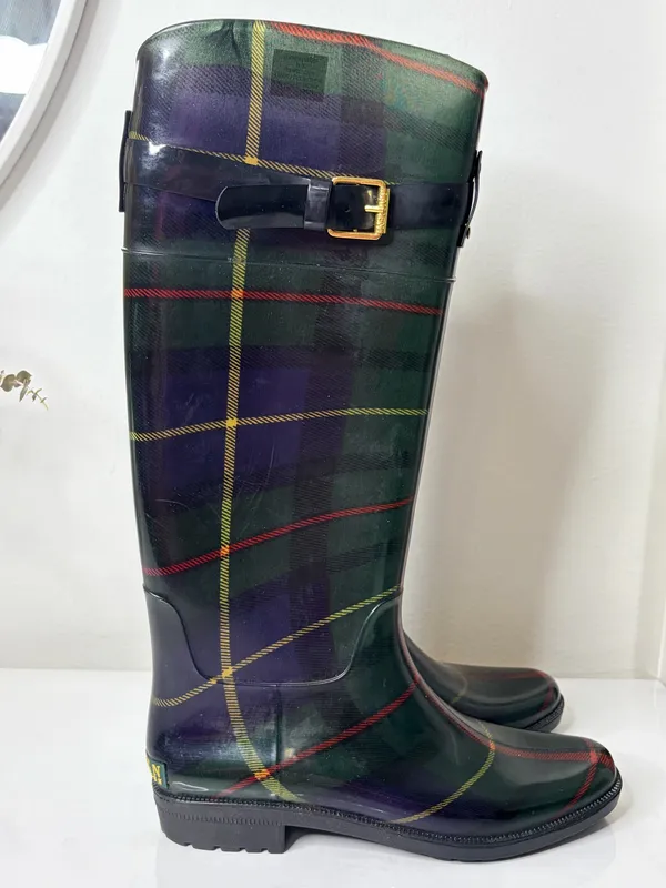 Lauren Ralph Lauren Plaid Tall Rain Boots Womens Sz 8 B Equestrian Preppy Riding - Image 2