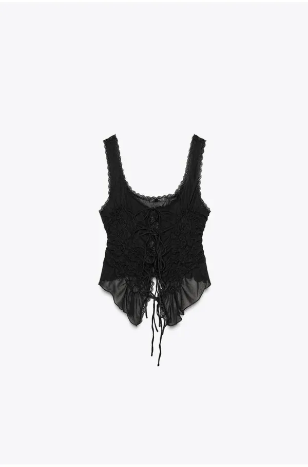 Zara Black Lace-Trim Ruched Tie-Front Tank Top - Women - Image 3