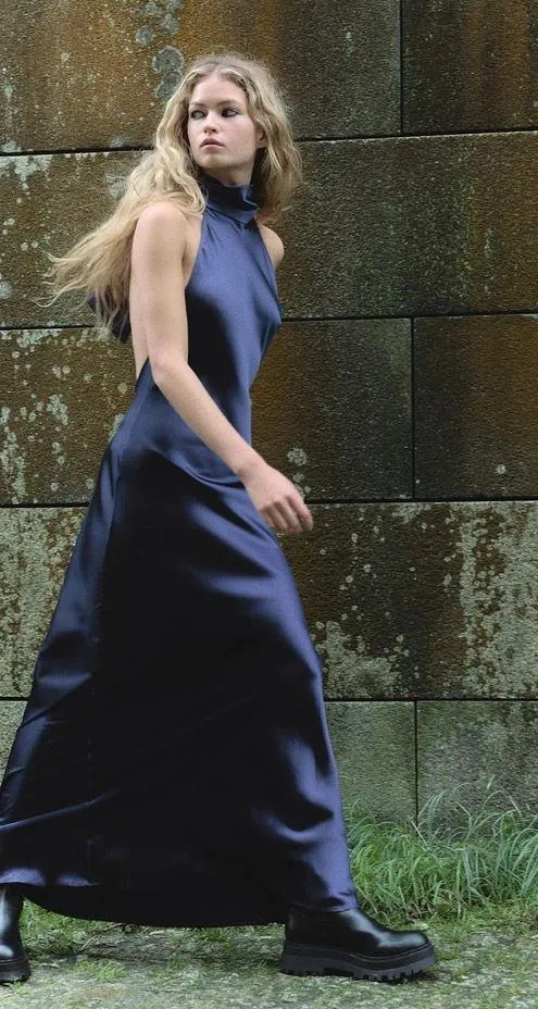 Zara maxi dress satin slip gown Elegant blue Halter formal party wedding prom - Image 19