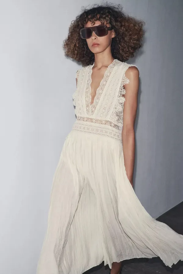 Zara Elegant Lace Trim Dress beads cream boho hippie summer beach - Image 6