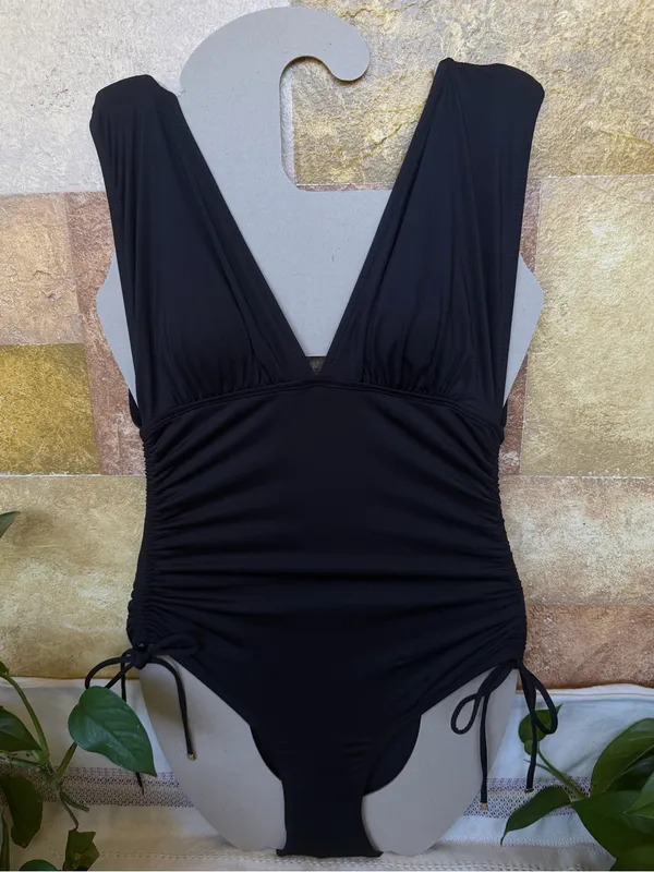 Michael Kors One Piece Plunge V-Neck Ruched Adjustable Side-Tie Swimsuit, Size 6 - Image 3