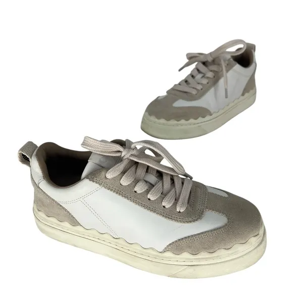 Chloé‎ Lauren Leather Suede Platform Sneakers White Beige 37 - Image 4