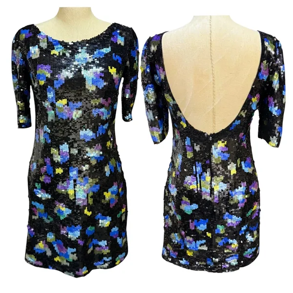 VTG Tracy Reese 4 Floral Sequin Mini Dress Blue Scoop Back Party Glam Evening - Image 2