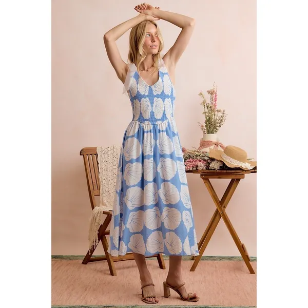 SO ME Shell Smocked Bodice Shoulder Tie Lined Midi Dress - Blue - Small‎ - Image 12