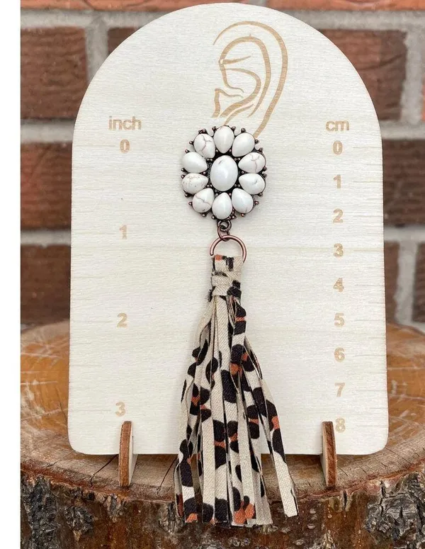 Faux White Buffalo Cluster Earrings with Leopard Fringe - Image 2