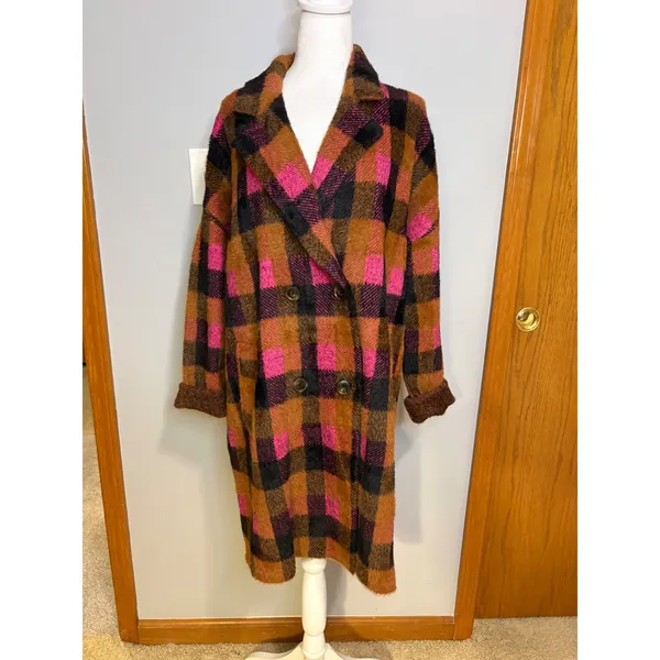 NVLT Pink‎ Brown Buffalo Plaid Double Breasted Fuzzy Longline Coat Coatigan - Image 2