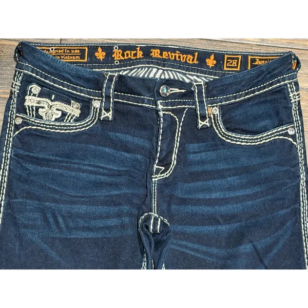 Rock Revival Janelle Bootcut‎ Jeans Dark Wash Low Rise Flap Pockets Bling SZ 28 - Image 5