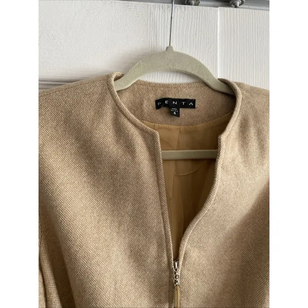 Penta Belted Zip Front Wool Jacket Womens Size 4 Tan Camel Professional Blazer - Image 3