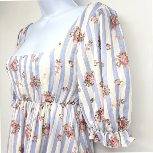 Show Me Your Mumu Mini Dress Womens XS Striped Floral Puff Sleeve Linen‎ Pockets - Image 6