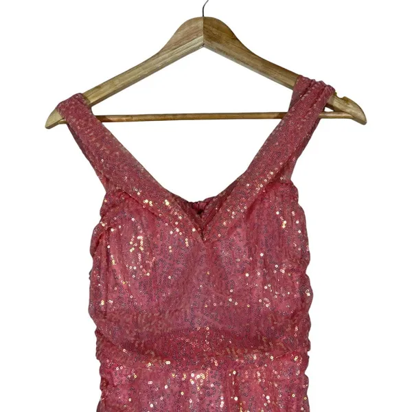 Lucy in the Sky Sequin Ruched Bodycon Mini Dress Pink Glam Party Size S - Image 2