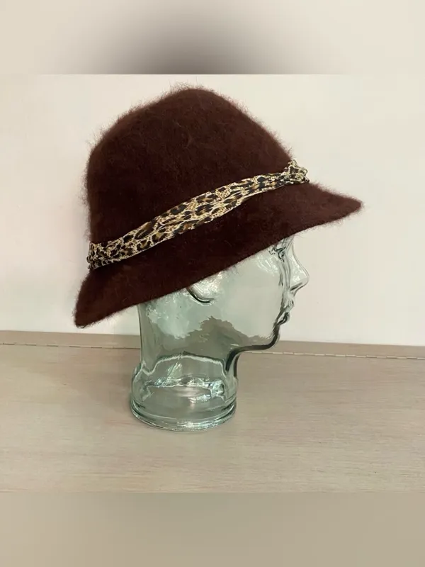 Cloche Women’s Hat Rabbit Hair Blend One‎ Size In Chocolate Brown Leopard Band - Image 2