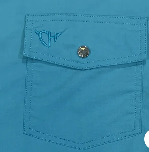 Cowgirl Hardware Bamboo Western Pearl Rhinestone Snap Women’s Aqua Blue Cowgirl Shirt - Image 6