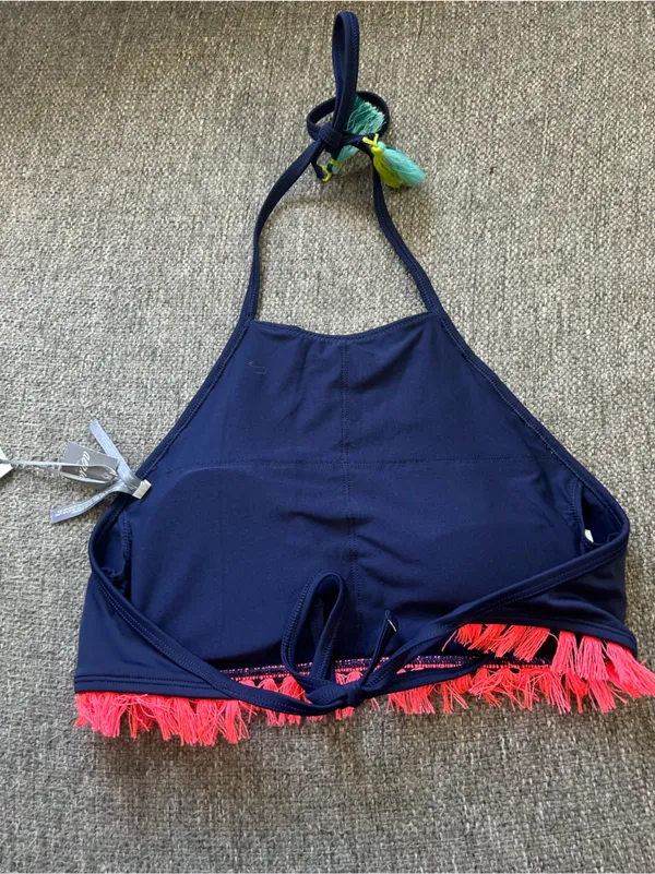 aerie Navy High-Neck Bikini Top with Coral Fringe | Size Medium (New $34.95) - Image 6