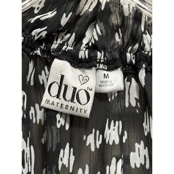 Duo Maternity Black/Cream Geo Sheer‎ Chiffon Short Sleeve Blouse Size M Ruffle - Image 3