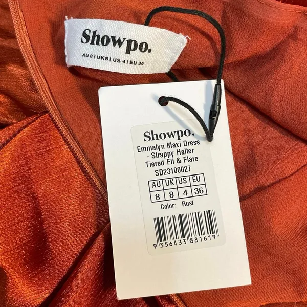 NEW Showpo Emmalyn Burnt Orange Strappy Halter Fit & Flare Maxi Dress Size 4 - Image 5