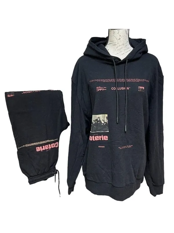 COLLUSION Unisex Lounge cotton set pants & sweat shirt hoodie black with graphic - Image 3
