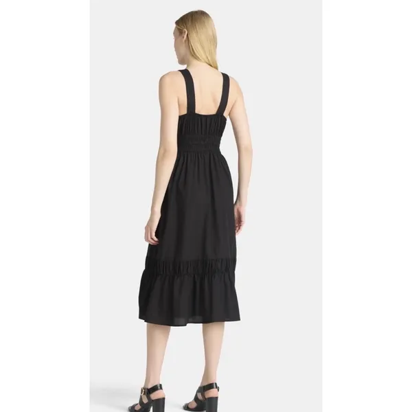Time and Tru Black Smocked Midi Dress Sleeveless Tiered A Line Pocket Size L - Image 2
