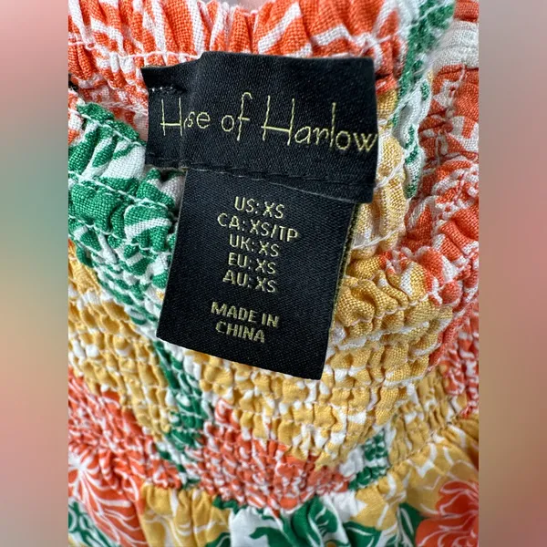 House of Harlow‎ 1960 Smocked Linen Dress Orange Flower Print Mini Size XS - Image 4
